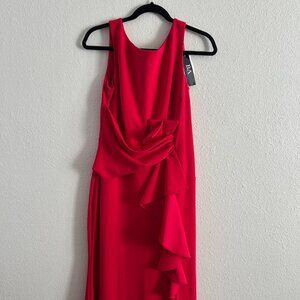 NWT Betsy & Adam Women's Petite Dress 12P Ruffled Boat-Neck Gown Red